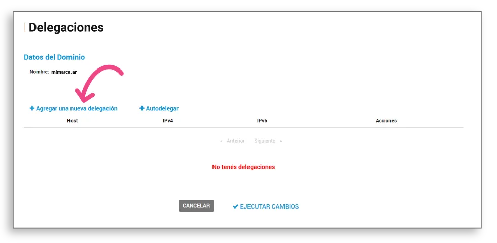 Paso 4: Botón de delegar junto al dominio